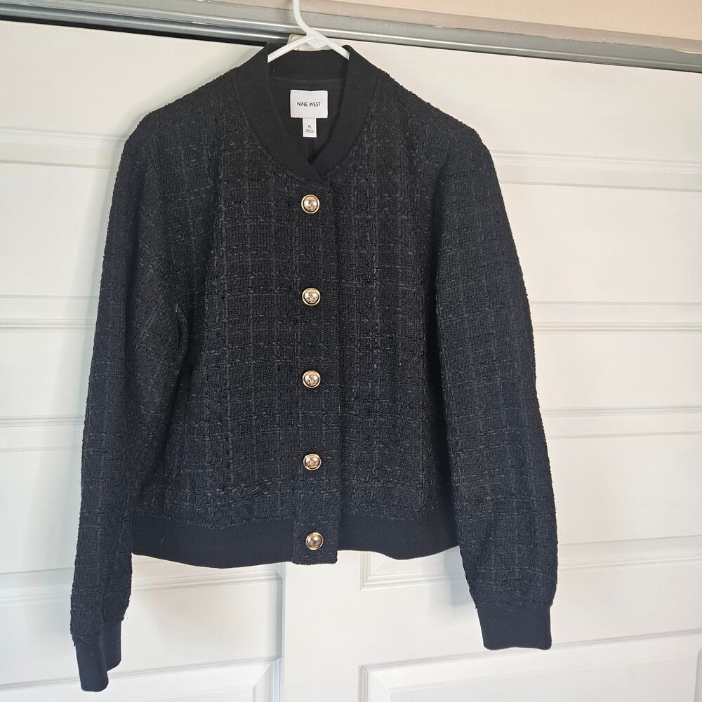 Nine West Black Tweed Bomber Lady Jacket Gold Button Crop Coat XL